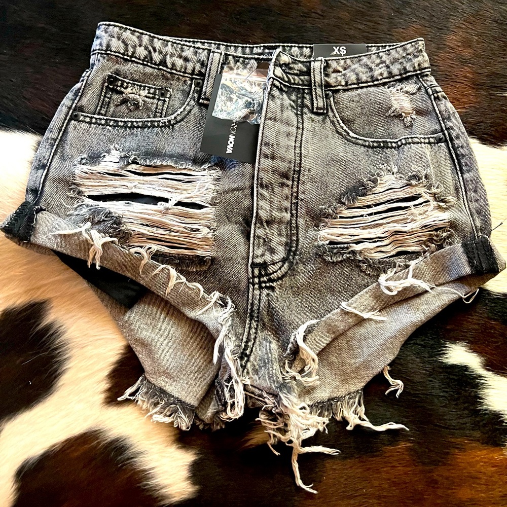 Distressed Acid Wash Black Denim Shorts